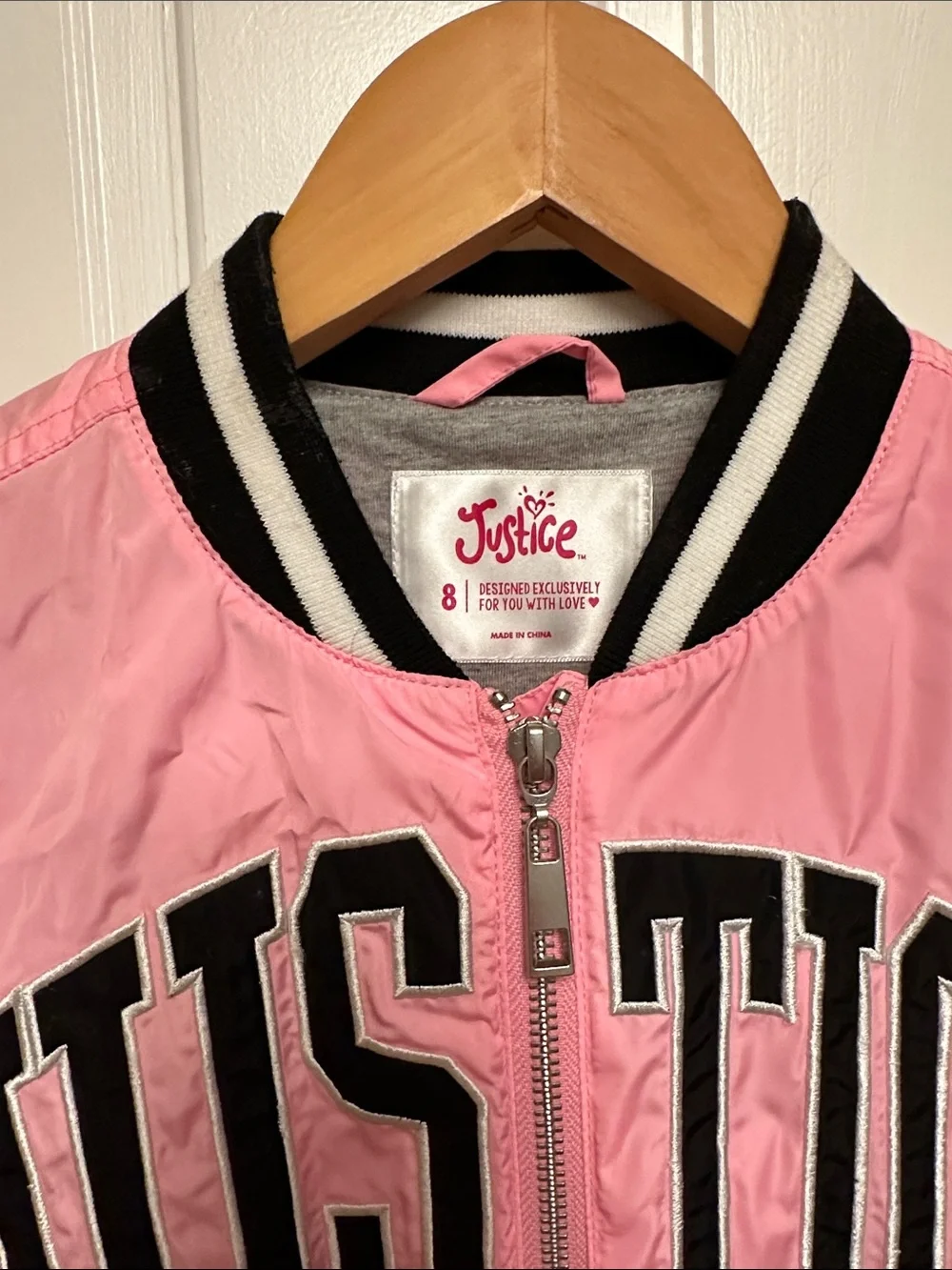Justice Pink Varsity-Style Bomber Jacket with Black Trim